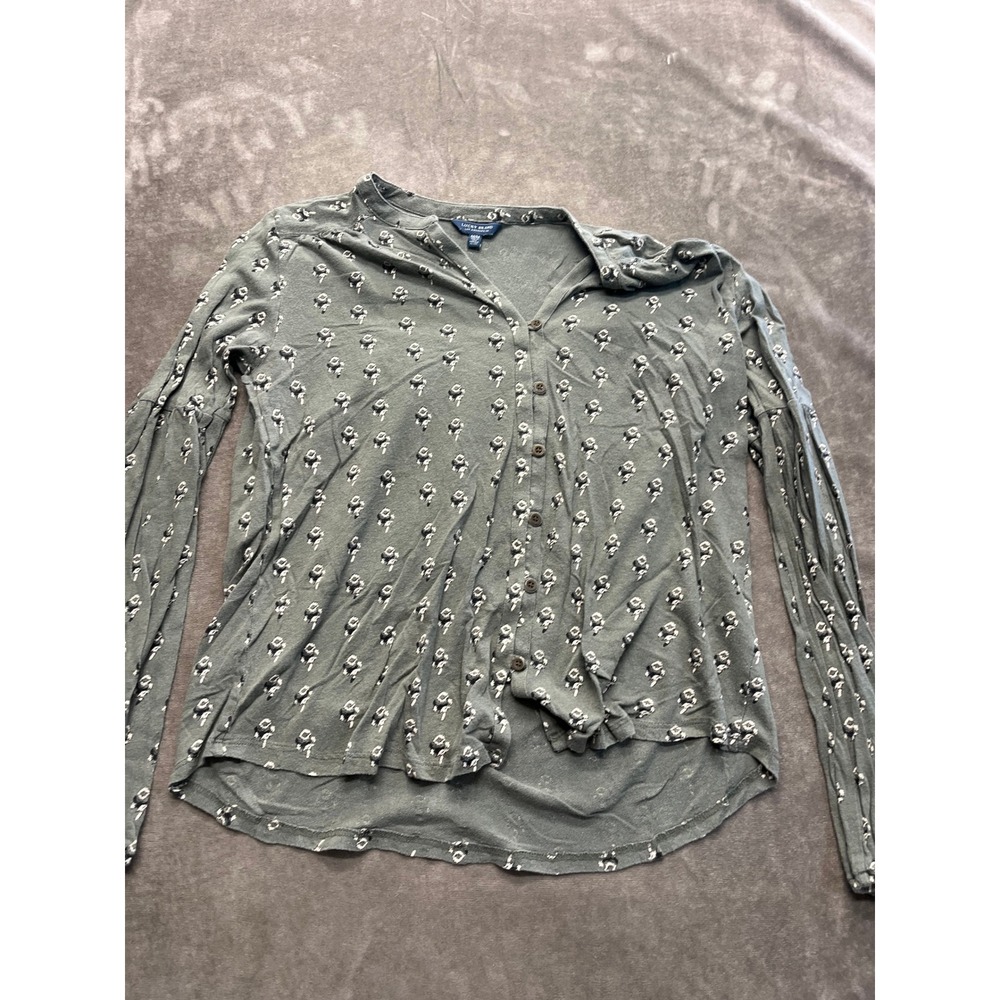 Lucky Brand Green Floral Rose Print Button Down Long Sleeve Knit Top Medium